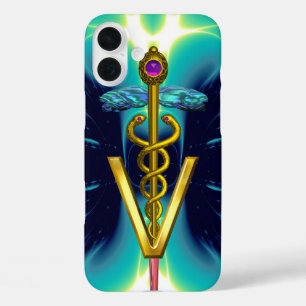 GOLDEN CADUCEUS VETERINARY SYMBOL / Teal Blue iPhone 16 Plus Case