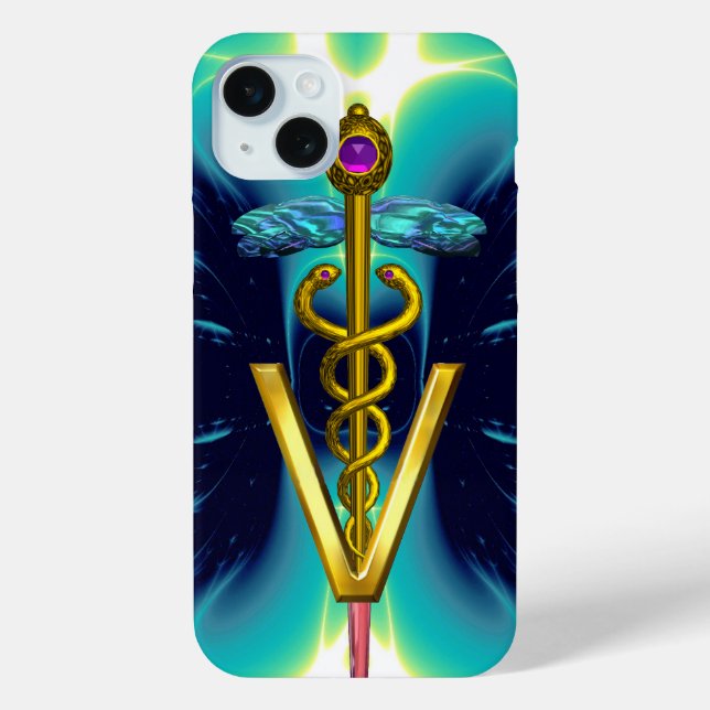 GOLDEN CADUCEUS VETERINARY SYMBOL / Teal Blue Case-Mate iPhone Case (Back)