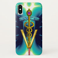 GOLDEN CADUCEUS VETERINARY SYMBOL / Teal Blue