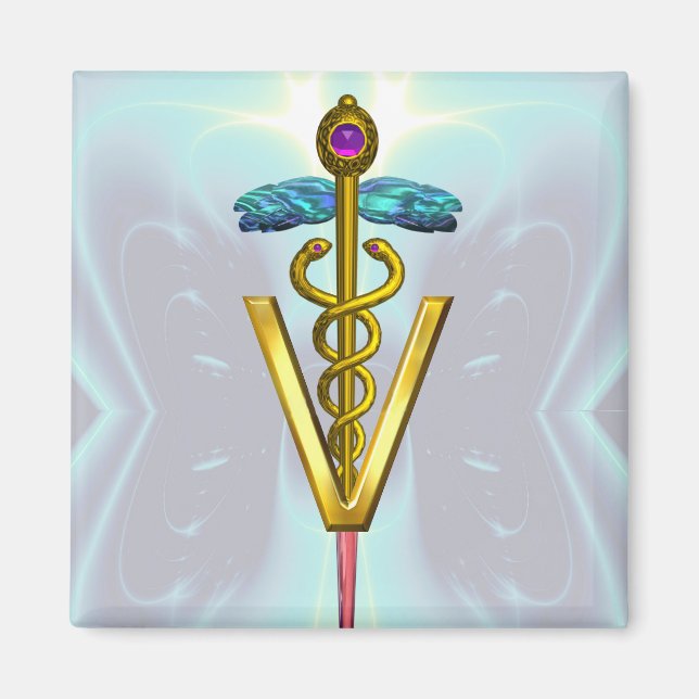 GOLDEN CADUCEUS VETERINARY SYMBOL  Teal Blue Magnet (Front)