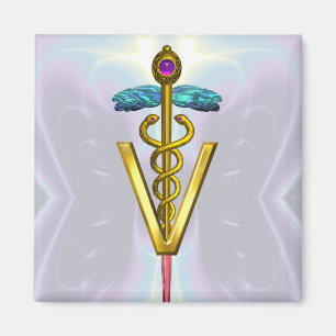 GOLDEN CADUCEUS VETERINARY SYMBOL  Teal Blue Magnet