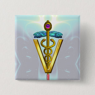 GOLDEN CADUCEUS VETERINARY SYMBOL / Teal White 15 Cm Square Badge