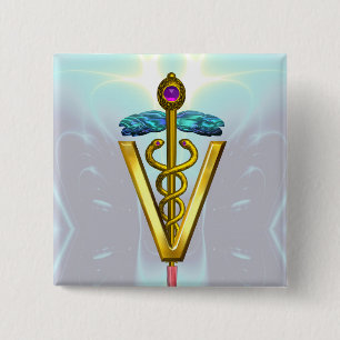 GOLDEN CADUCEUS VETERINARY SYMBOL / Teal White 15 Cm Square Badge