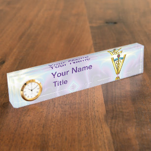 GOLDEN CADUCEUS VETERINARY SYMBOL /Teal White Nameplate