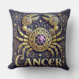 Golden Cancer Zodiac Symbol on Dark Background Cushion