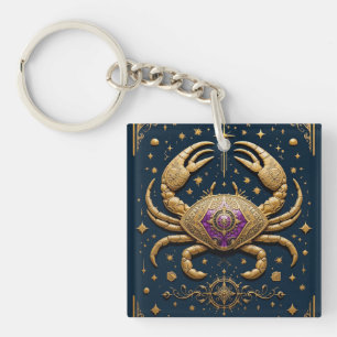 Golden Cancer Zodiac Symbol on Dark Background Key Ring