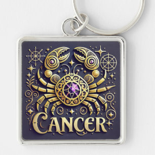 Golden Cancer Zodiac Symbol on Dark Background Key Ring