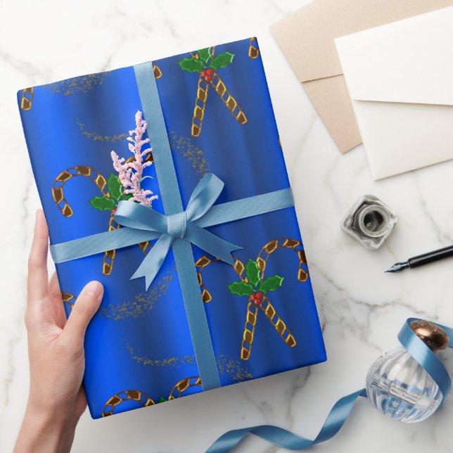 Golden Candy Canes on Blue Christmas Wrapping Paper (Gifting)
