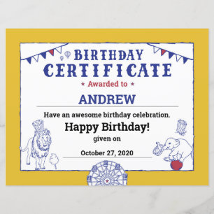 Golden Carnival Circus Baby Birthday Certificate