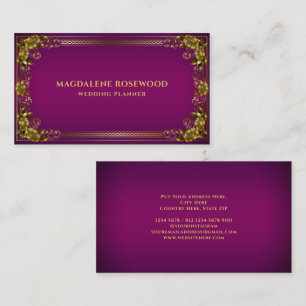 Golden Carved Regal Flowers Frame on Purple Business Card