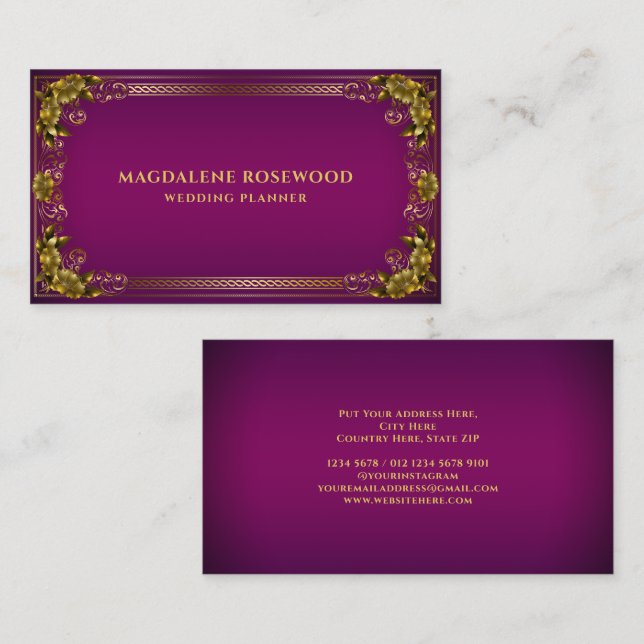Golden Carved Regal Flowers Frame on Purple Business Card (Front/Back)