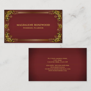 Golden Carved Regal Flowers Frame on Red Business Card