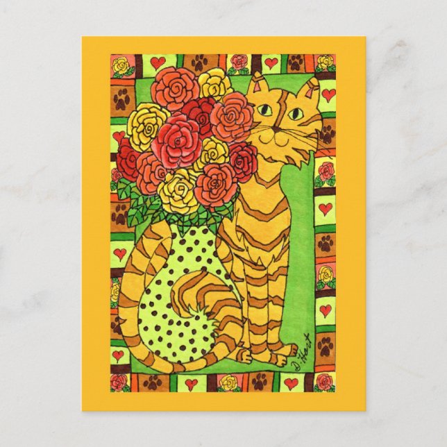 Golden Cat with Roses Postcard (Front)