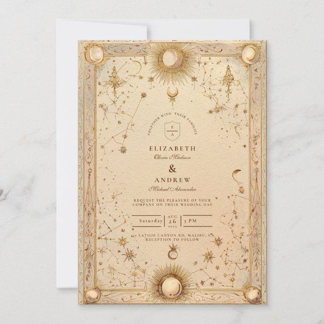 Golden Celestial Baroque Wedding Invitation (Front)