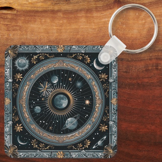 Golden Celestial Moon Orbit with Detailed Astral Key Ring (Back)