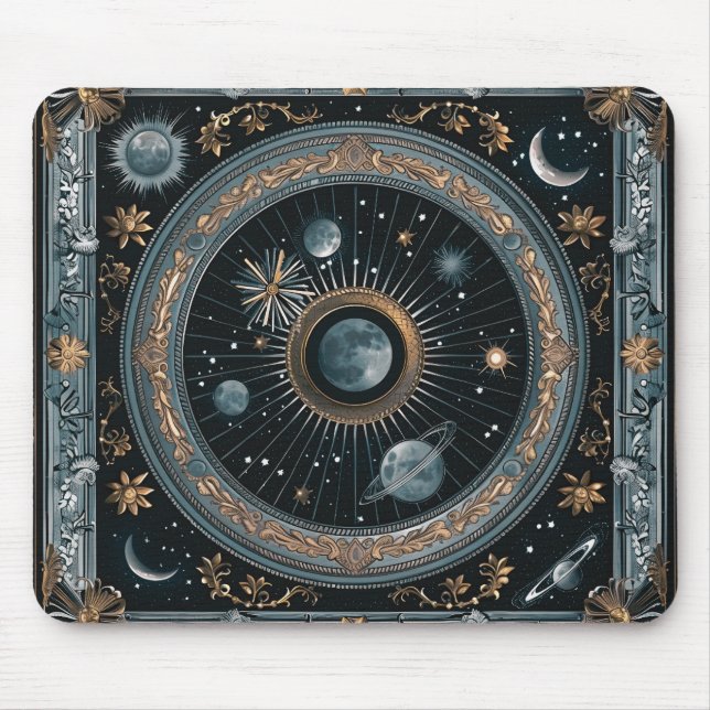 Golden Celestial Moon Orbit with Detailed Astral Mouse Pad (Front)
