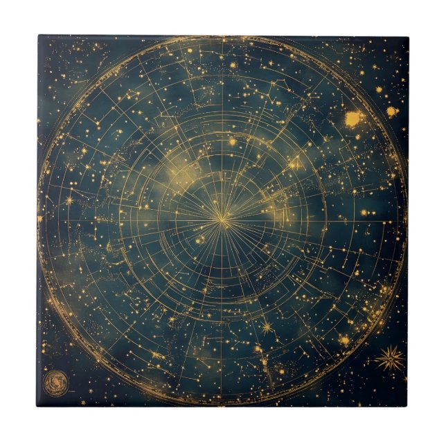 Golden Celestial Star Map (4) Ceramic Tile (Front)