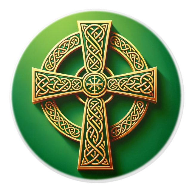 Golden Celtic Cross on Green Ceramic Knob (Front)