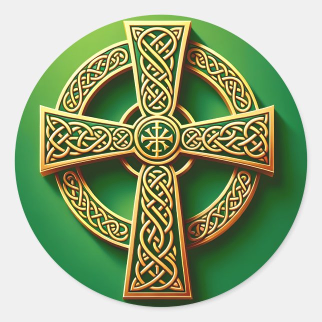 Golden Celtic Cross on Green Classic Round Sticker (Front)