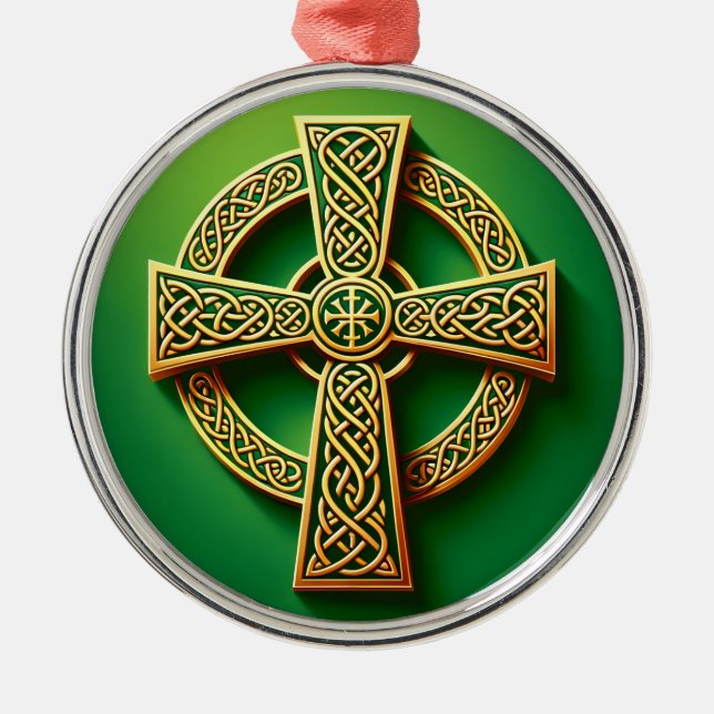 Golden Celtic Cross on Green Metal Ornament (Front)