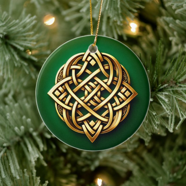 Golden Celtic Knot on Green Ceramic Ornament (Tree)