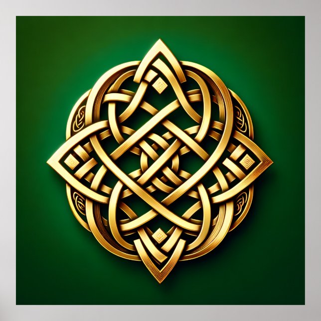 Golden Celtic Knot on Green Poster (Front)