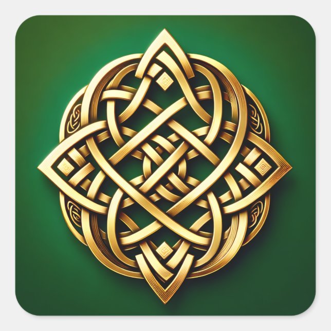 Golden Celtic Knot on Green Square Sticker (Front)