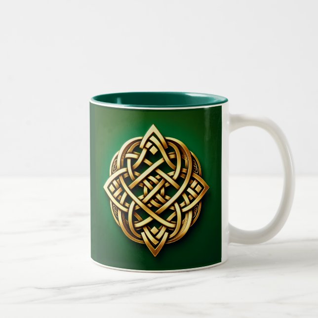 Golden Celtic Knot on Green Two-Tone Coffee Mug (Right)