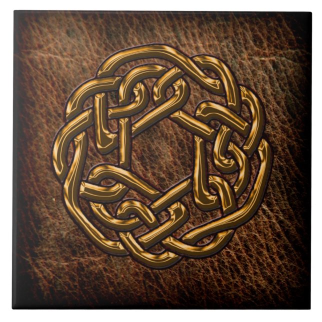 Golden celtic knot on leather ceramic tile (Front)