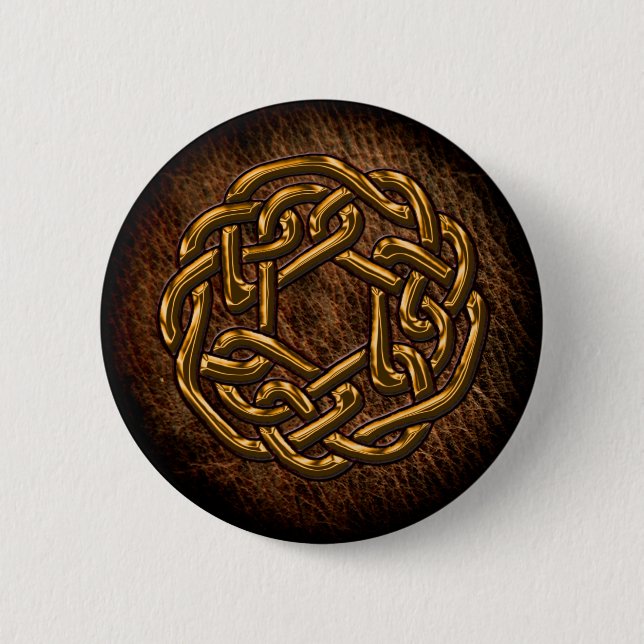 Golden celtic ornament on leather 6 cm round badge (Front)