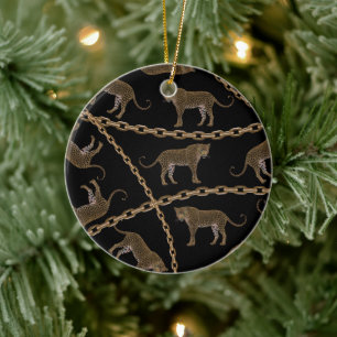 Golden chain glamour leopard cheetah ceramic ornament