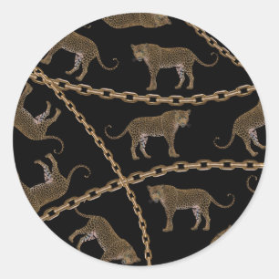 Golden chain glamour leopard cheetah classic round sticker
