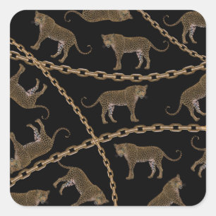 Golden chain glamour leopard cheetah square sticker