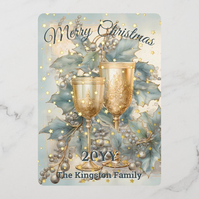 Golden Chalise Watercolor Holly Berries Christmas  Foil Holiday Card (Front)