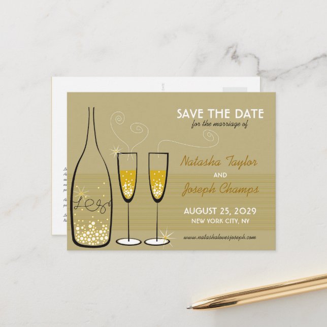 Golden Champagne Bubbles Celebration Save The Date Announcement Postcard (Front/Back In Situ)