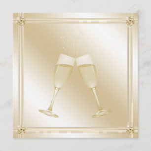 Golden Champagne Glass & Sapphire Engagement Party Invitation