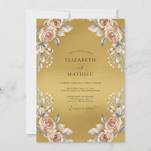Golden Champagne Leaf Wedding Invitation (Front)