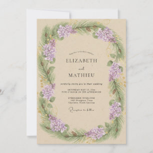 Golden Champagne Lilac Wreath Wedding Invitation