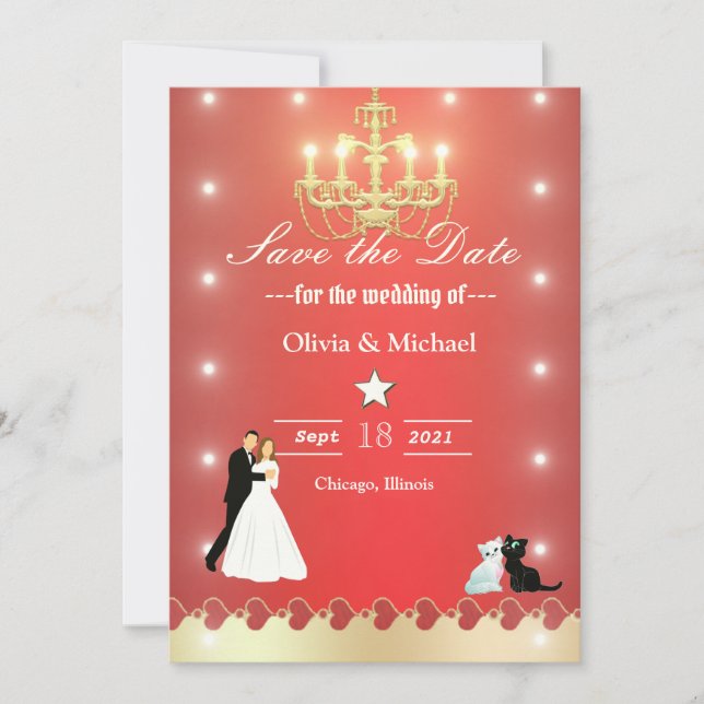 Golden chandelier save the date (Front)