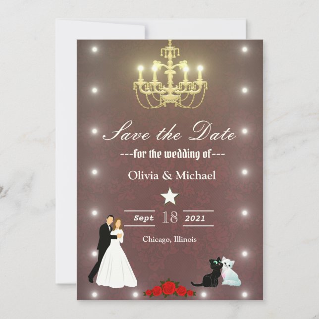 Golden chandelier save the date (Front)