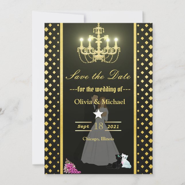 Golden chandelier save the date (Front)