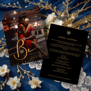 Golden Charm Heart in Blue Custom Photo Wedding Invitation