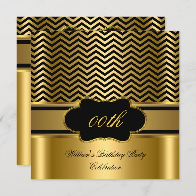 Golden Chevron Gold Black Stripe Birthday Party Invitation (Front/Back)