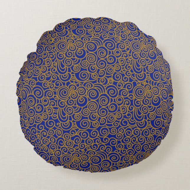 Golden Chinese Auspicious Clouds Pattern on Indigo Round Cushion (Front)