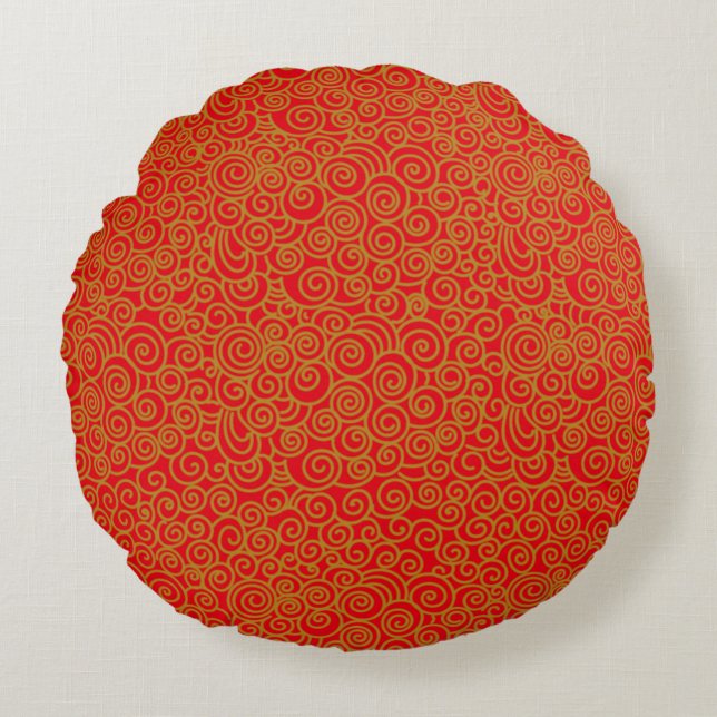 Golden Chinese Auspicious Clouds Pattern on Red Round Cushion (Front)