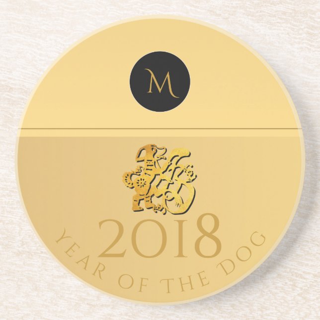 Golden Chinese Dog Papercut 2018 Monogram Sandst Coaster (Front)
