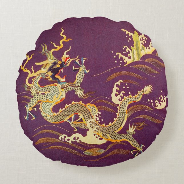 Golden Chinese Dragon Embroidered on Silk Round Cushion (Front)