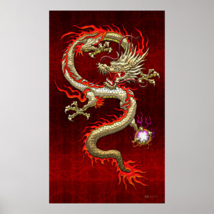 Golden Chinese Dragon Fucanglong on Red Silk Poster