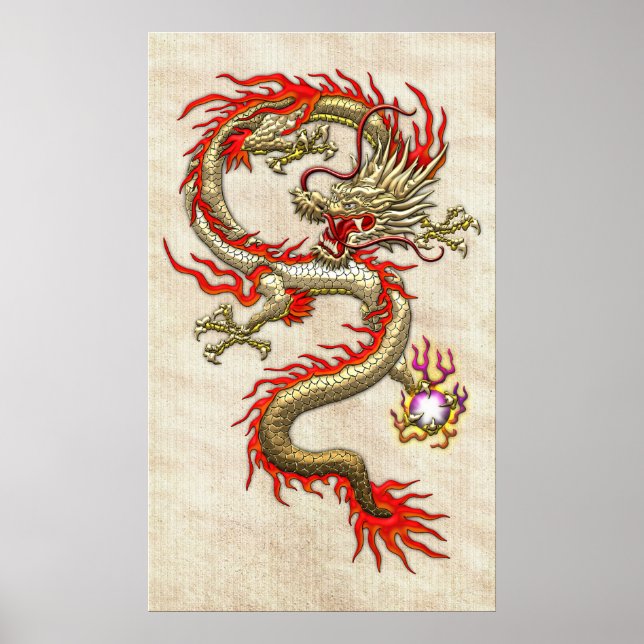 Golden Chinese Dragon Fucanglong on Rice Paper Poster (Front)