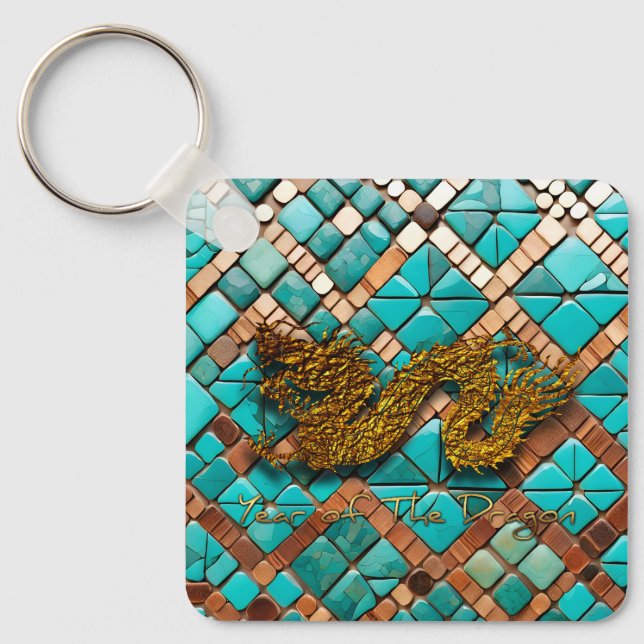 Golden Chinese Dragon New Year Monogram SqK Key Ring (Front)